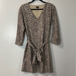THEORY Dress Women’s 6 Brown V-Neck Animal Print Tie Waist 100% Silk Mini Party